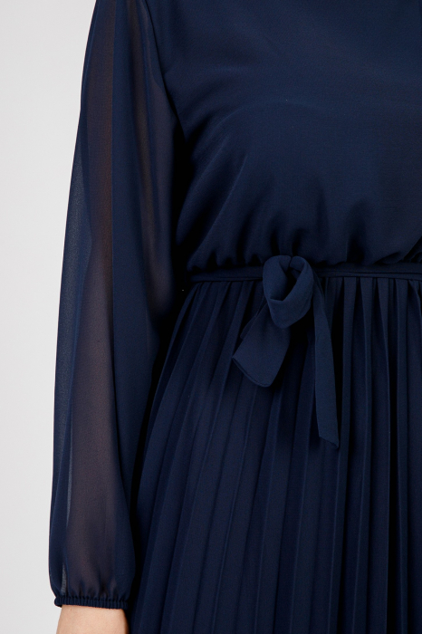 Rochie plisata bleumarin cu cordon in talie si maneca lunga [2]