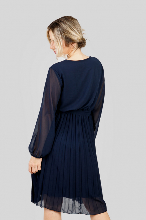 Rochie plisata bleumarin cu cordon in talie si maneca lunga [4]