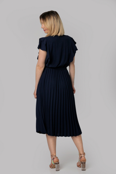 Rochie plisata bleumarin cu volane pe maneci [4]