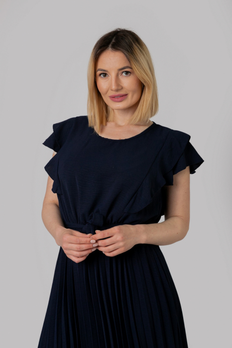 Rochie plisata bleumarin cu volane pe maneci [2]