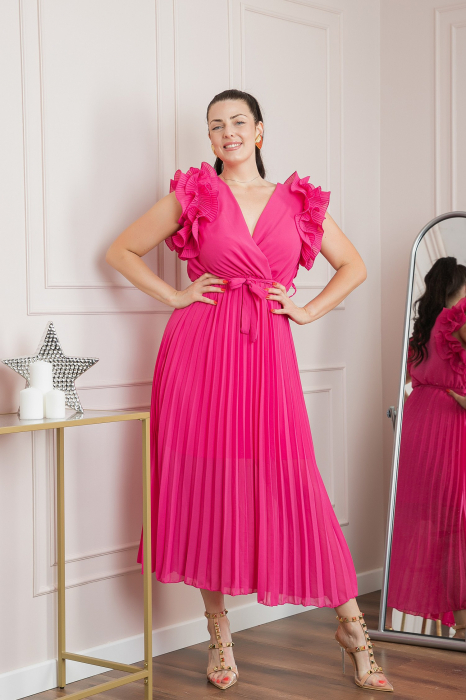 Rochie plisata ciclam cu volane si cordon in talie [4]