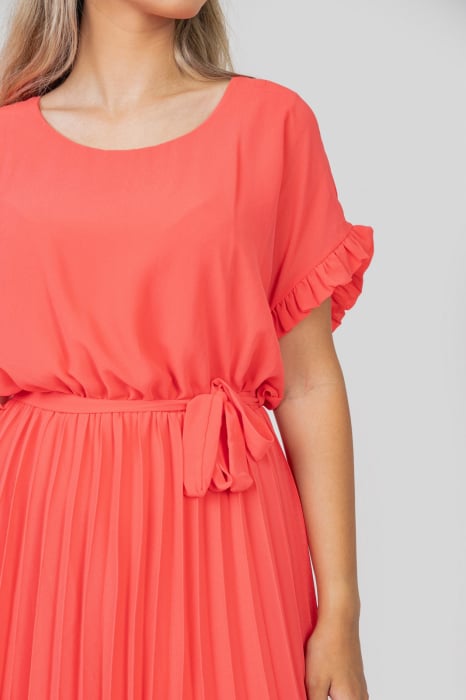Rochie plisata corai cu cordon in talie [3]