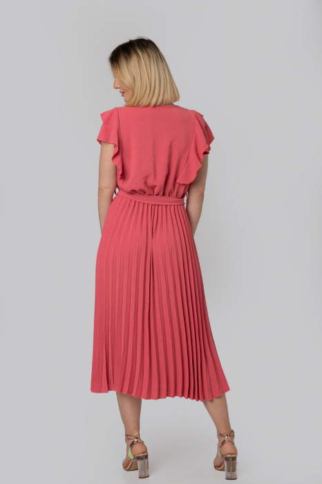 Rochie plisata corai cu volane pe maneci [4]