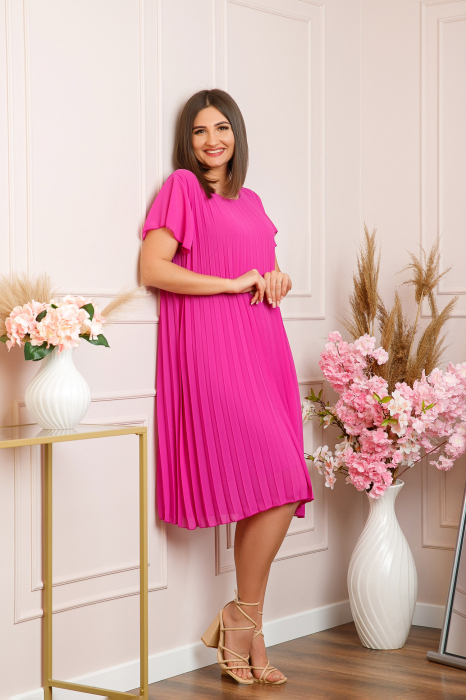 Rochie plisata Elisa cu maneci fluture - Ciclam [3]