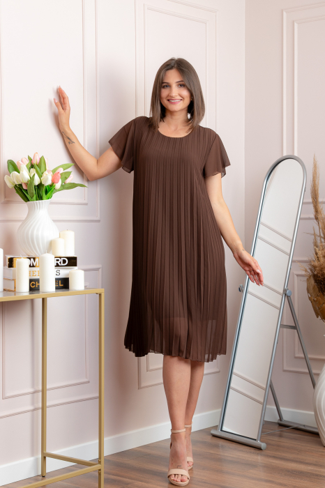 Rochie plisata Elisa cu maneci fluture - Maro [3]