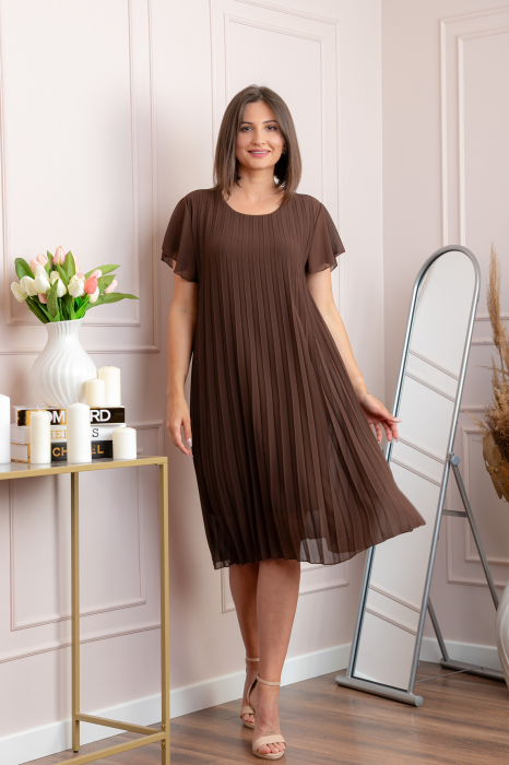 Rochie plisata Elisa cu maneci fluture - Maro [4]