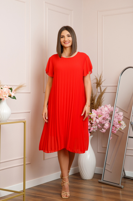 Rochie plisata Elisa cu maneci fluture - Rosu [4]
