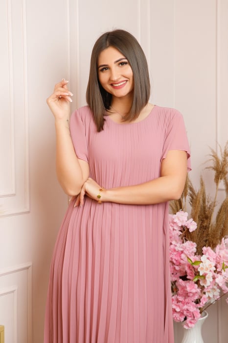 Rochie plisata Elisa cu maneci fluture - Roz pudrat [2]