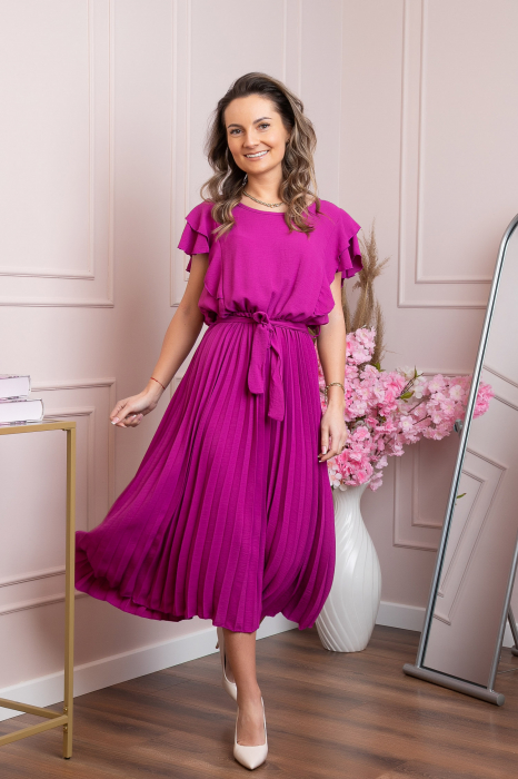 Rochie plisata fuchsia cu volane pe maneci [4]