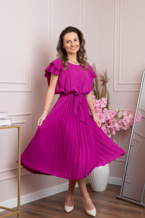 Rochie plisata fuchsia cu volane pe maneci [5]