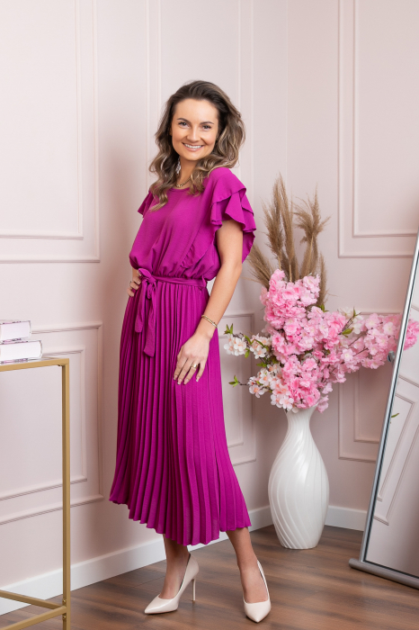 Rochie plisata fuchsia cu volane pe maneci [3]