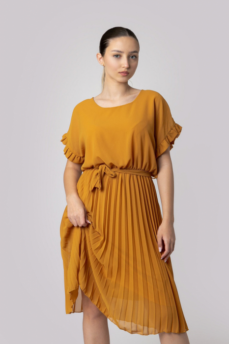 Rochie plisata galben mustar cu cordon in talie [4]