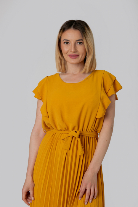 Rochie plisata galben mustar cu volane pe maneci [2]
