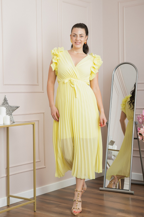 Rochie plisata galbena cu volane si cordon in talie [4]