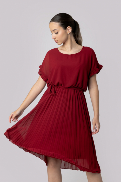 Rochie plisata grena cu cordon in talie [4]