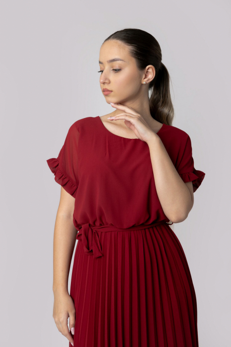 Rochie plisata grena cu cordon in talie [2]