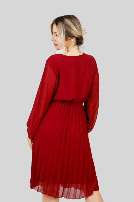 Rochie plisata grena cu cordon in talie si maneca lunga [4]