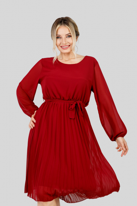 Rochie plisata grena cu cordon in talie si maneca lunga [3]