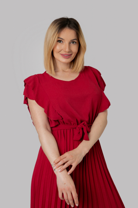 Rochie plisata grena cu volane pe maneci [2]