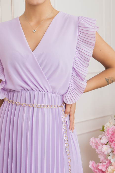 Rochie plisata lila cu volane si lantisor decorativ in talie [2]