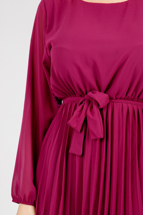 Rochie plisata magenta cu cordon in talie si maneca lunga [2]