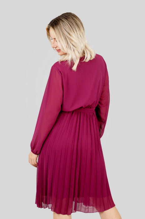 Rochie plisata magenta cu cordon in talie si maneca lunga [4]