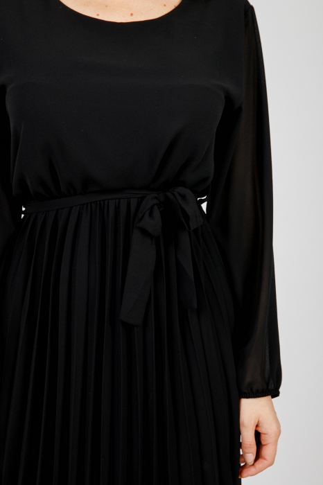 Rochie plisata neagra cu cordon in talie si maneca lunga [2]