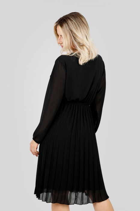 Rochie plisata neagra cu cordon in talie si maneca lunga [4]