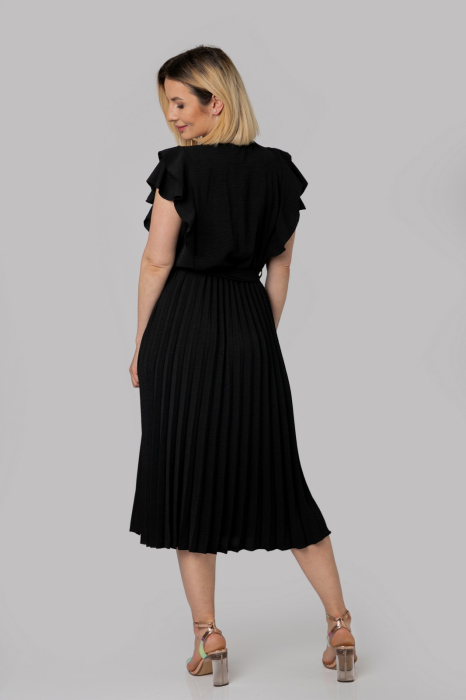 Rochie plisata neagra cu volane pe maneci [4]