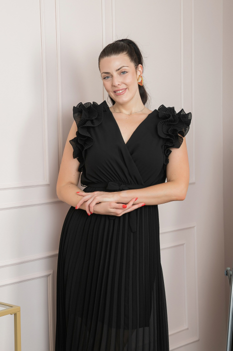 Rochie plisata neagra cu volane si cordon in talie [3]