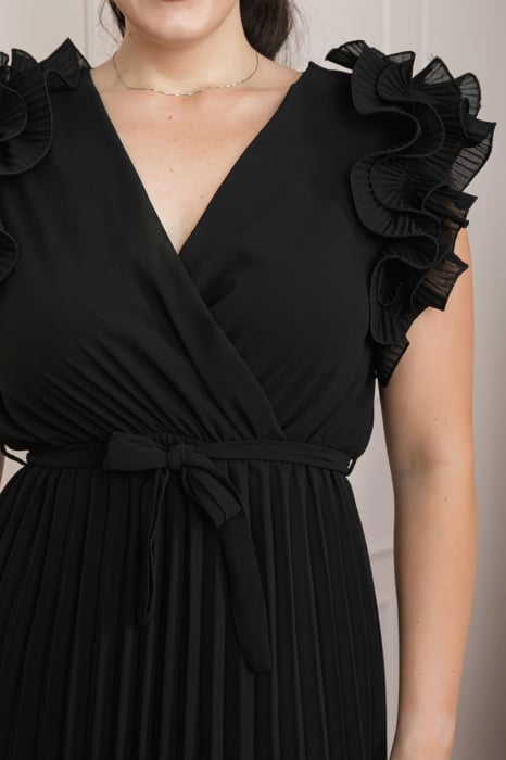 Rochie plisata neagra cu volane si cordon in talie [2]