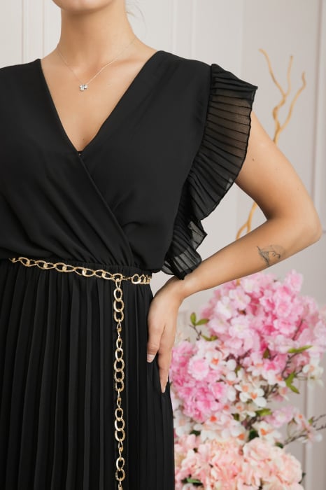 Rochie plisata neagra cu volane si lantisor decorativ in talie [2]