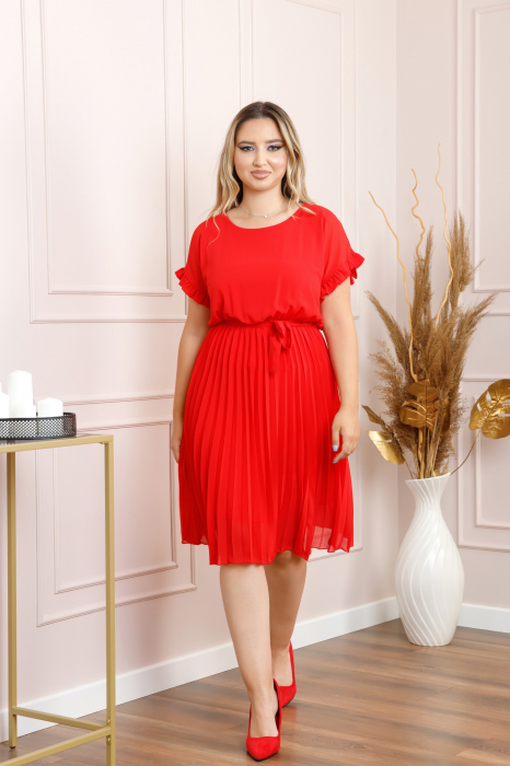 Rochie plisata rosie cu cordon in talie [3]