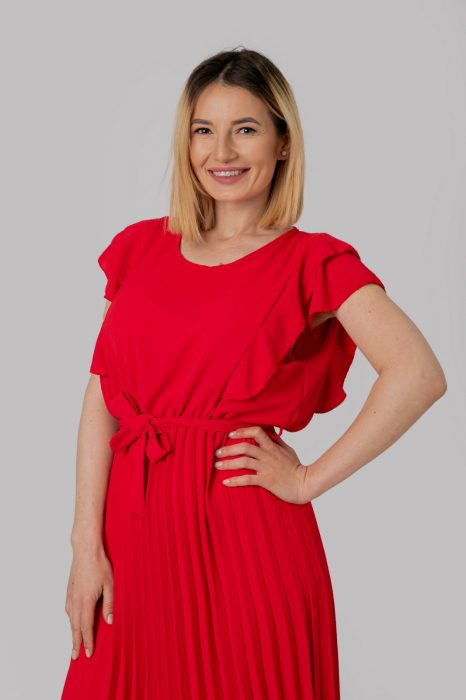 Rochie plisata rosie cu volane pe maneci [2]