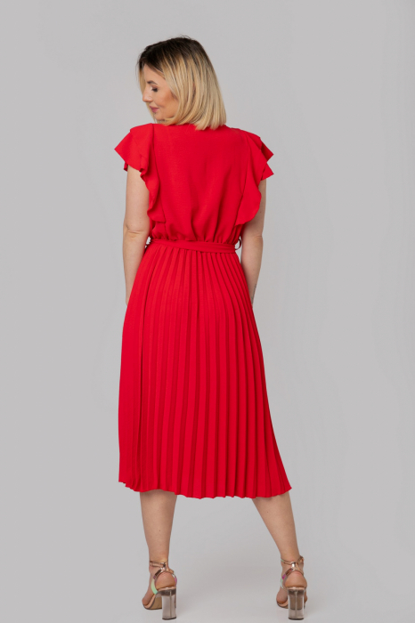 Rochie plisata rosie cu volane pe maneci [4]