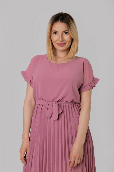 Rochie plisata roz pudrat cu cordon in talie [2]