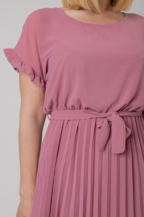 Rochie plisata roz pudrat cu cordon in talie [3]