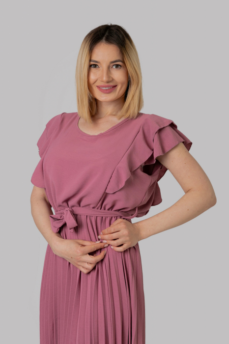 Rochie plisata roz pudrat cu volane pe maneci [2]