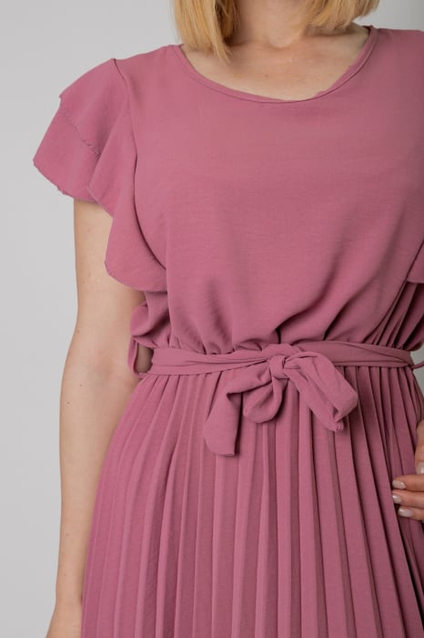 Rochie plisata roz pudrat cu volane pe maneci [3]