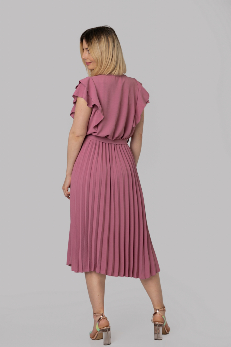 Rochie plisata roz pudrat cu volane pe maneci [4]