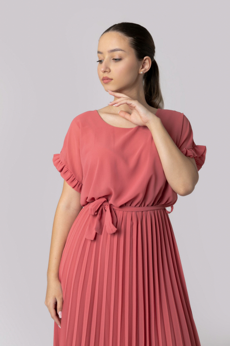 Rochie plisata roz somon cu cordon in talie [2]