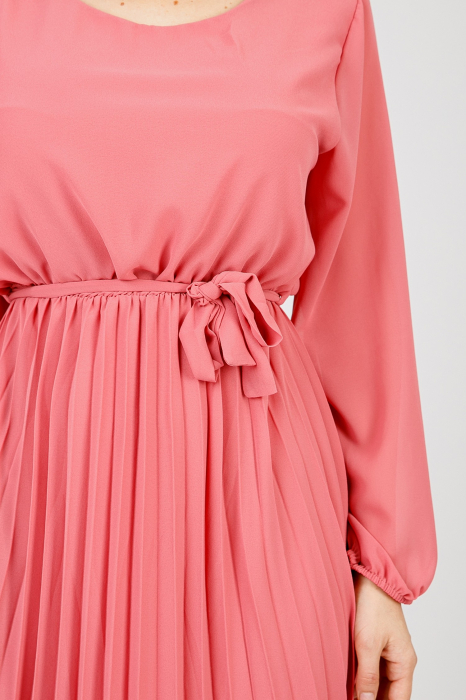 Rochie plisata roz somon cu cordon in talie si maneca lunga [2]