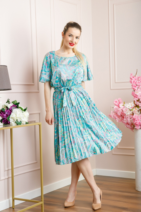 Rochie plisata satinata bleu cu imprimeuri mandala [5]