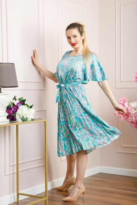 Rochie plisata satinata bleu cu imprimeuri mandala [4]