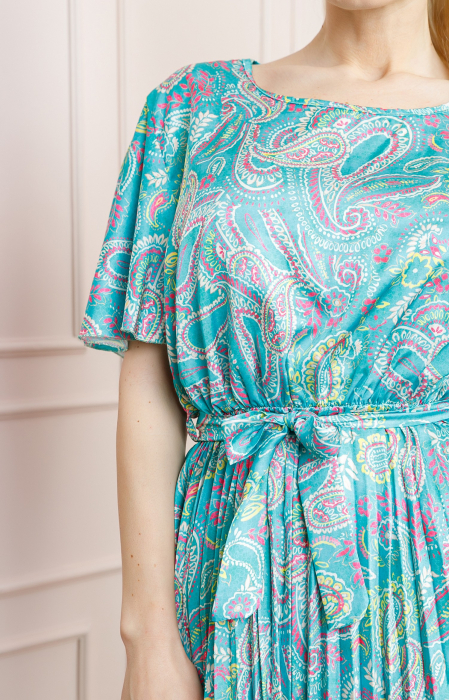Rochie plisata satinata bleu cu imprimeuri mandala [2]