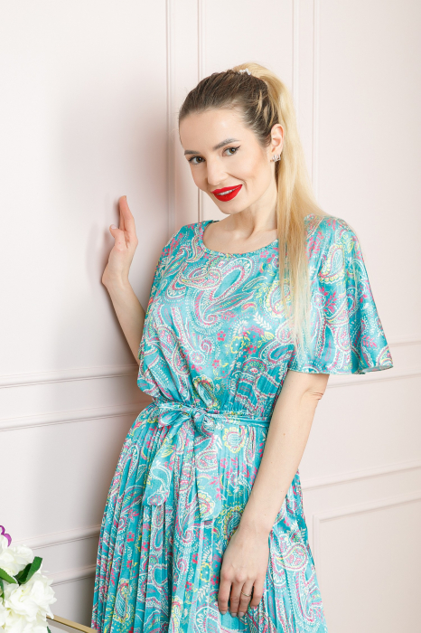 Rochie plisata satinata bleu cu imprimeuri mandala [3]