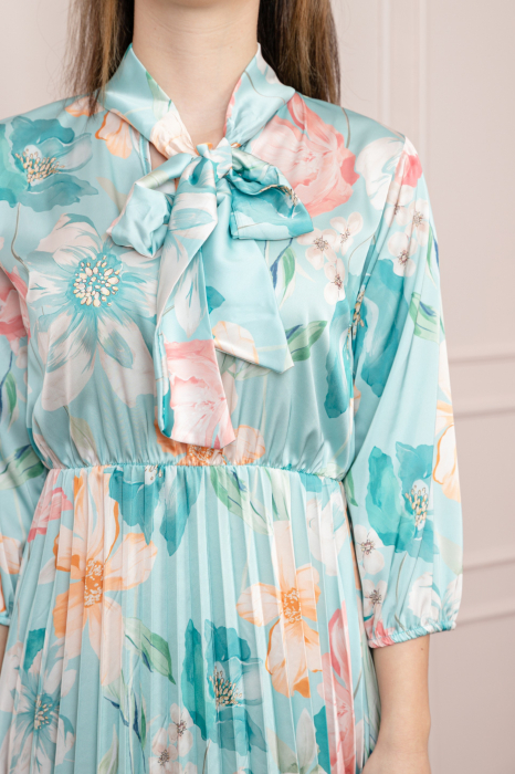 Rochie plisata satinata cu imprimeuri florale turcoaz [2]
