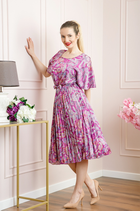 Rochie plisata satinata fuchsia cu imprimeuri mandala [4]