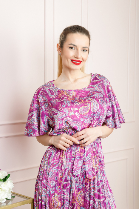 Rochie plisata satinata fuchsia cu imprimeuri mandala [3]