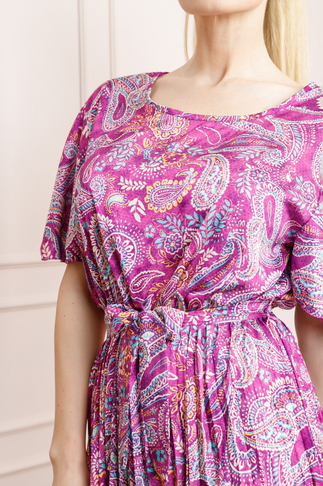 Rochie plisata satinata fuchsia cu imprimeuri mandala [2]